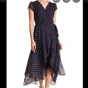 A.B.S. polka dots midi wrap dress navy blue and white sz S